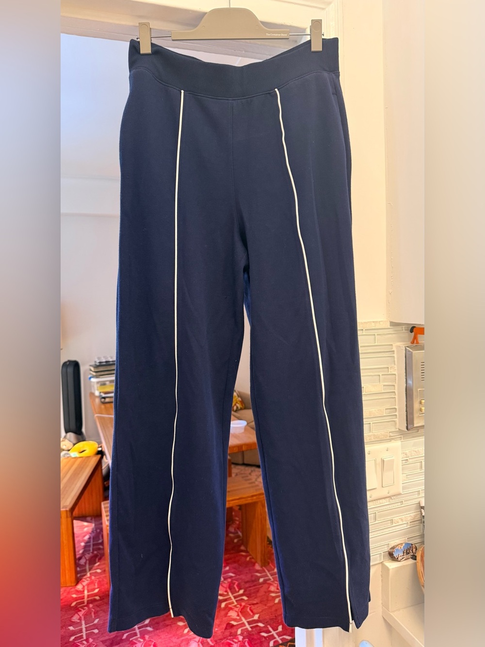 SPANX Navy Wide Leg Track Pants White Piping Size Large